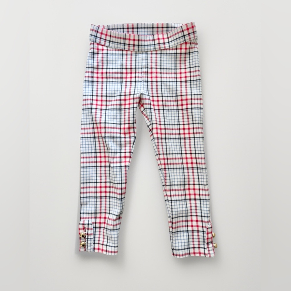 Janie and Jack Sz 3 Yrs Girls Leggings Plaid Gold Ankle Buttons White Blue Red